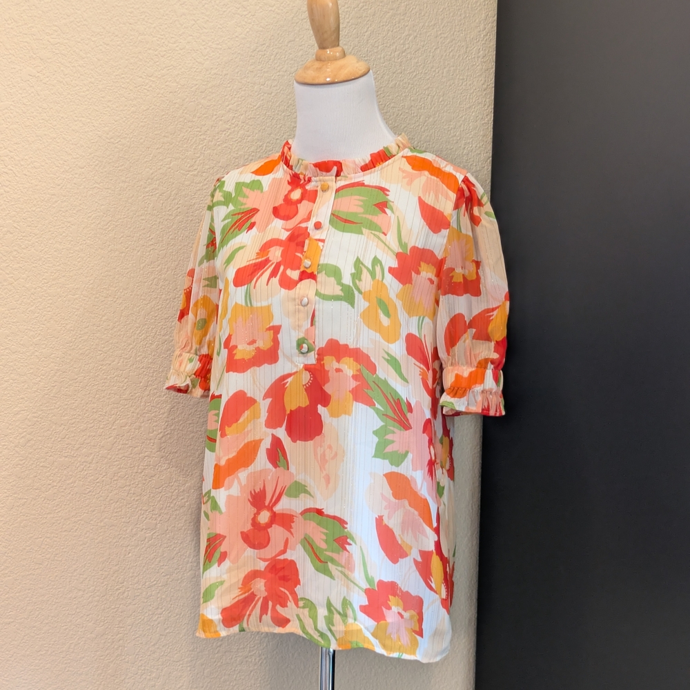 SUGARLIPS Floral Ruffle Neck Blouse — XS — NWT